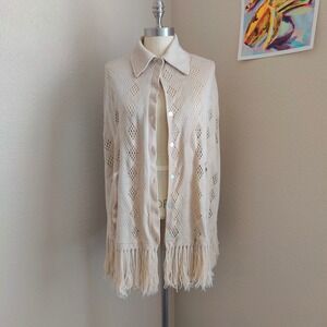 Vintage 70s Cream Pointelle Knit Fringe Cardigan Poncho Button Front Boho M